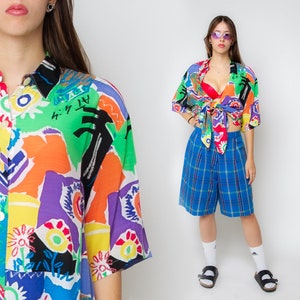 Abstraktes Print Shirt Tropisches Shirt Lila Hawaiihemd 80er Jahre Geometrische Bluse SURFER Button Up Vintage Grün Strand Ethno Retro 90er L XL
