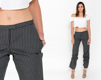 Striped Pants Vintage 90s Gray Drawstring Black WOOL Asymmetric Pleated Tapered Boho Low Rise 1990s Hipster Club Tailored Suit Trousers S M