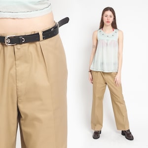 70s Tan Pants Mura Beige Tailored Trousers High Waisted Rise Straight Leg Retro Preppy Slacks Pleated Vintage Streetwear 1970s Men&#39;s L XL