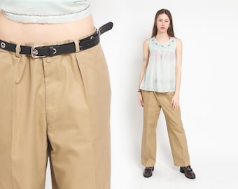 70s Tan Pants Mura Beige Tailored Trousers High Waisted Rise Straight Leg Retro Preppy Slacks Pleated Vintage Streetwear 1970s Men's L XL