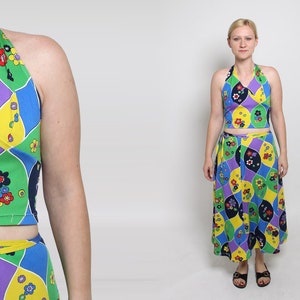 10s Floral Two Piece Swimsuit Set Vintage 1970s Halter Top + SKIRT Psychedelic Halter Neck Mod Babydoll Hippie Bathing Suit Seventies M L