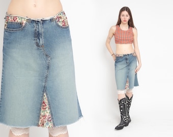 Denim Skirt Vintage 90s Flower Frayed Pencil Jeans Skirt Blue Floral Hippie 00s Low Waist Ripped Boho Y2K Streetwear 1990s Midi Skirt S M