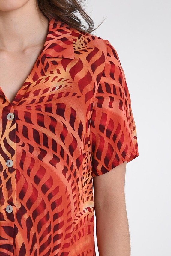 70s FLAMES Print Blouse Vintage 1970s Hawaiian Orange Abstract 
