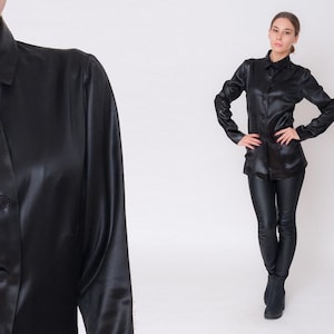 Chaqueta Blazer Trussardi Vintage 90s Seda Entallada Gótica Fiesta Blazer Negro Blusa Minimalista Camisa Abotonada Diseñador Chaqueta 1990s M