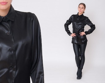 Trussardi Blazer Jacket  Vintage 90s Silk Tailored Goth Party Black Blazer Minimalistic Blouse Button Up Designer Shirt Jacket 1990s M