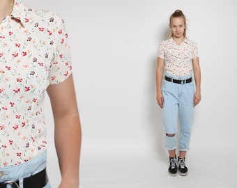 Bluzka z motywem kwiatowym w stylu lat 70. Koszula z krótkim rękawem i kołnierzykiem w kwiaty Top z lat 70. Boho Hippie Retro Preppy Kołnierzyk Vintage Lata 70. XS S