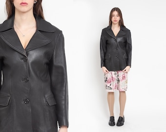 Y2K Schwarzer Lederblazer Vintage 90er Jahre Schwarze Lederjacke Echtleder Knopfleiste Minimalistischer Moto-Mantel 1990er Jahre Größe 38