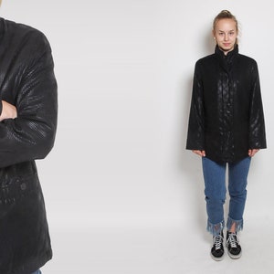 Black Puffer Jacket 80s Vintage Shiny Geometric 1980s SKI Jacket Hipster Sports Blazer 90s Retro Funnel Winter Slouchy Puffy Coat Medium L