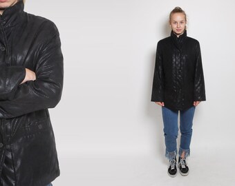 Black Puffer Jacket 80s Vintage Shiny Geometric 1980s SKI Jacket Hipster Sports Blazer 90s Retro Funnel Winter Slouchy Puffy Coat Medium L
