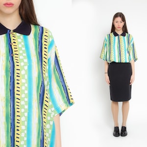 Vintage Striped Polo Shirt 90s Collared T-Shirt Retro Short Sleeve Top Preppy Blue Green White Abstract Print Cotton Retro 1990s Men’s XL
