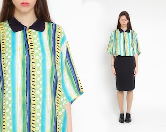 Polo de rayas vintage, camiseta con cuello de los años 90, camiseta retro de manga corta, estilo preppy, azul, verde, blanco, estampado abstracto, algodón, retro, años 90, para hombre, talla XL