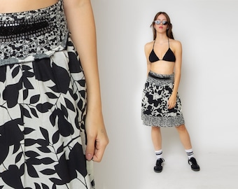 Gonna floreale anni '90, gonna midi plissettata con stampa floreale in bianco e nero, boho, grunge, hippie, festival, estate, femminile, vintage, anni '90, cotone, L XL