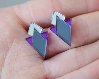 Mirror Perspex Geometric Stud Earrings - Grey / Silver / Purple
