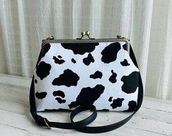 Black White Cow Animal Print Large Crossbody bag Messenger with Adjustable Leather Strap