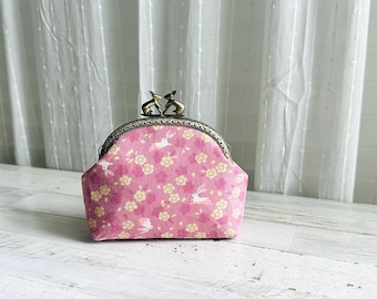 Pink Bunny Rabbit Coin Purse: Japanese Floral Wallet with Kiss Clasp