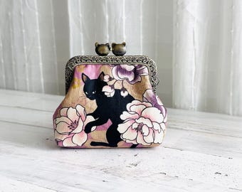 Black Cat Floral Coin Purse Wallet with Cat Face Kiss Clasp