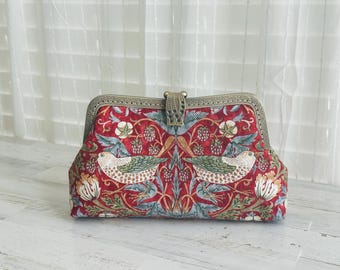 Red Strawberry Thief from William Morris Clutch bag  Purse Wallet / Crossbody Aluminum Chain Strap