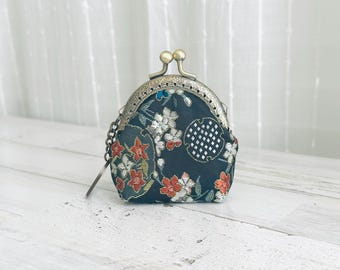 Embroidery Small Coin Purse: Black Japanese Style Floral with Keychain
