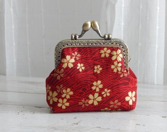 Red Japanese Floral Design Coin Purse Wallet with Kiss Clasp