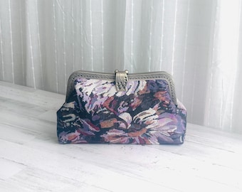 Purple Embroidery Floral Clutch Purse Wallet / Crossbody Aluminum Chain Strap