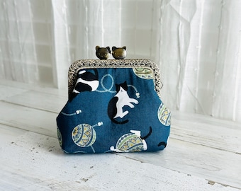 Japanese style Cats on Blue Square Coin Purse Wallet with Cat Face Kiss Lock