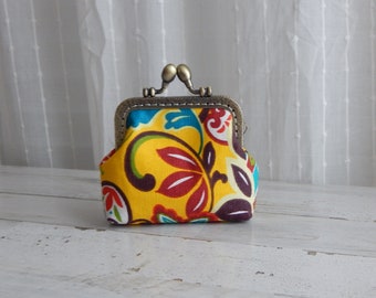 Yellow Canvas Floral Square Coin Purse Wallet with Kiss Clasp