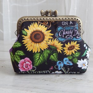 Sunflower and Floral Design Wallet Card Holder Coin Purse with Butterfly Kiss Clasp