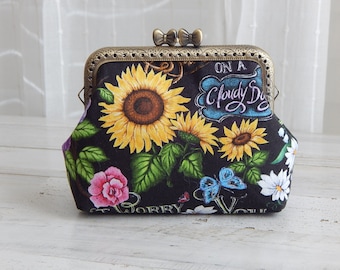 Sunflower and Floral Design Wallet Card Holder Coin Purse with Butterfly Kiss Clasp