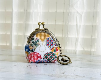 Pink Rabbit Bunny with Floral Design Small Coin Purse with Keychain Hook
