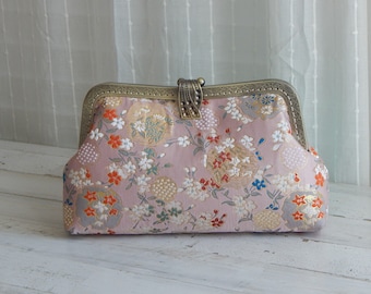 Pink Embroidery Floral Clutch Purse Wallet / Crossbody Aluminum Chain Strap