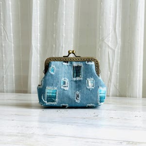 Light Blue Denim Jean Wallet Card Holder Coin Purse with Kiss Clasp