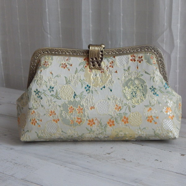 Gold Embroidery Silk Floral Clutch Purse Wallet / Crossbody bag with Aluminum Chain Strap
