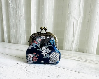Royal Blue Embroidery Oriental Floral Design Small Coin Purse with Kiss Lock