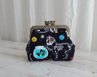 Cat Skeleton Wallet Card Holder Coin Purse with Cat Face Kiss Clasp