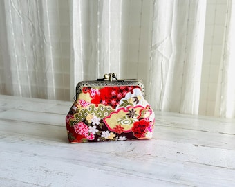 Japanese Style Floral Design Double Layered Wallet Card Holder Coin Purse with Kiss Clasp