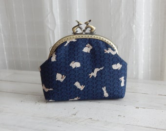 Bunny Rabbit on Blue Wallet Card Holder Coin Purse with Bunny Figure Kiss Clasp