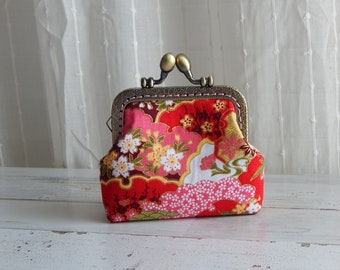 Japanese Style Floral Design Square Coin Purse Wallet with Kiss Clasp