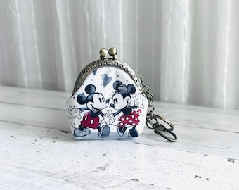 Disney Minnie Micky Mouse Vintage Romance Small Coin Purse with Keychain Hook