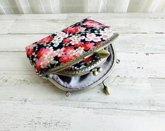 ✽✽✽オーダー専用✽✽✽ Handmade Orange Japanese Floral Zip Coin Purse w/ Key Chain 4.5