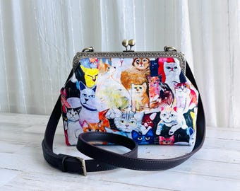 Cats Design Crossbody Bag, Messenger Wallet with Adjustable Leather Strap
