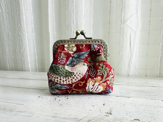 William Morris Coin Purse: Red Strawberry Thief Design Wallet with Kiss Lock