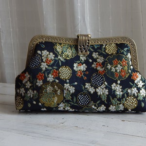 Black Embroidery Silk Floral Clutch Purse Wallet / Crossbody Aluminum Chain Strap