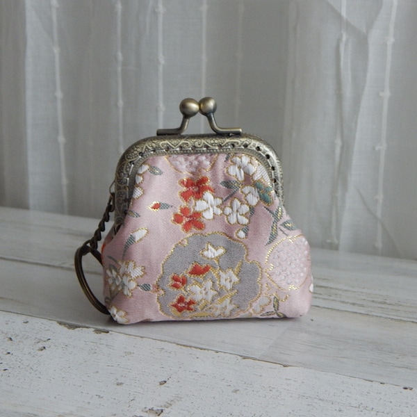 Pink Embroidery Oriental Floral Design Small Coin Purse with Key Chain