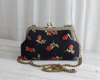 Gilded Rose on Black Crossbody Bag Purse Wallet with Aluminum Chain Strap Kiss Clasp