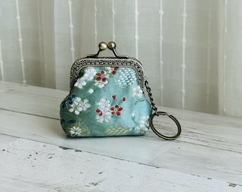Green Embroidery Small Coin Purse: Japanese Floral with/without Keychain