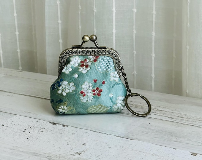 Green Embroidery Small Coin Purse: Japanese Floral with/without Keychain