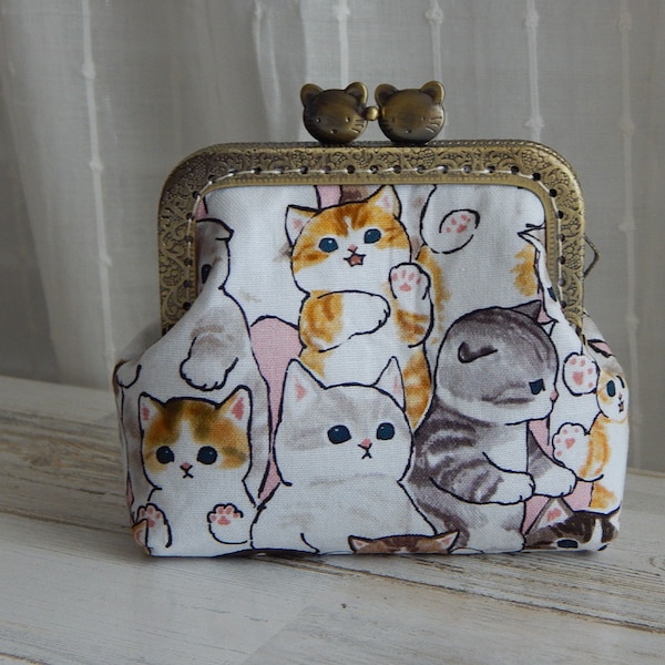 Cute Cats Cotton Square Coin Purse Wallet with Cat Face Kiss Clasp