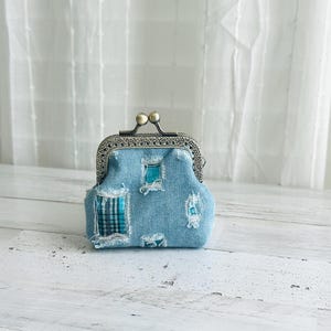 Light Blue Denim Jean Small Coin Purse Wallet with Kiss Clasp