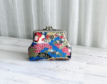 Blue Japanese Floral Double Layer Wallet Coin Purse (5"L x 4"H)