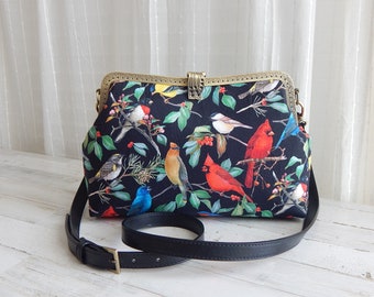 Colorful Birds and Floral Design Crossbody bag Messenger Wallet with Adjustable Leather Strap